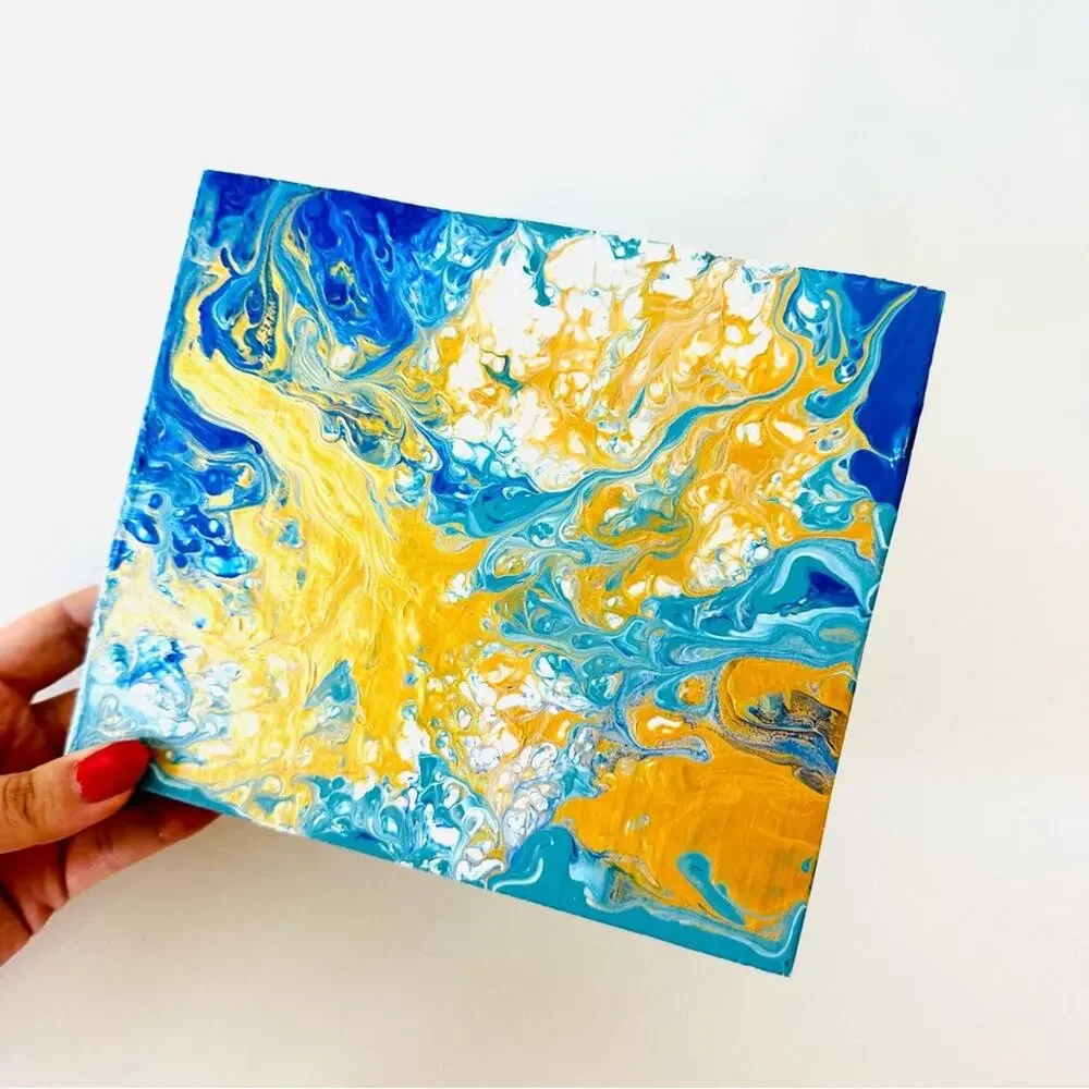Metallic Gold White Turquoise Blue Abstract Painting Original Art Wood Square